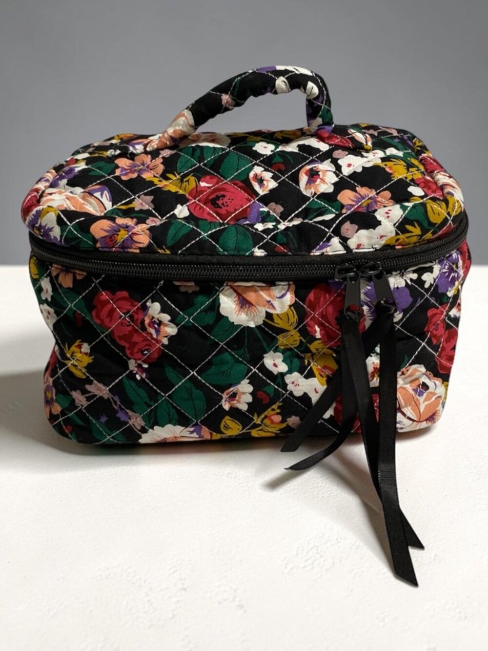 Quilted Makeup Bag Black Floral Large Travel Cosmetic Case